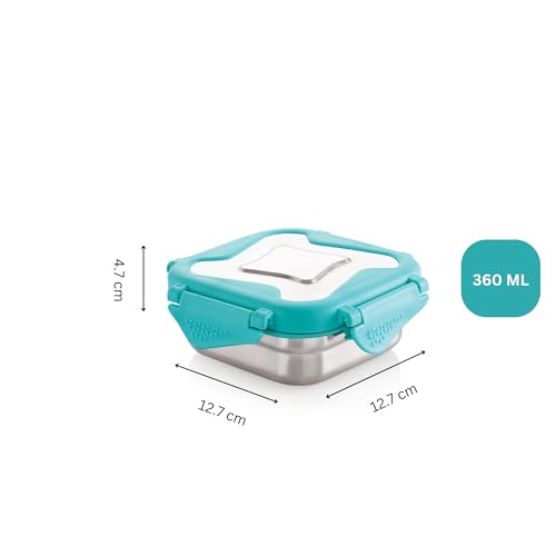 Image of STEELLOCK Smart Stainless Steel Tiffin Lunch Box for Kids and Adults | Airtight & Leakproof | Square Tiffin Box for School & Office with Steel Lid | Turquoise 360 ml 2 pc