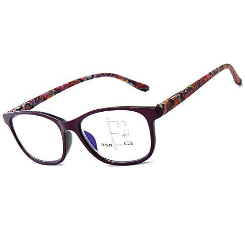 Progressive Multifocal Multifocus Glasses+Anti Blue Light Blocking Computer Reader (Purple Flower, +1.5)