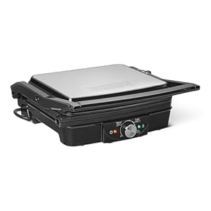 Amazon Basics Elektrischer Kontaktgrill mit Temperaturregelung, Antihaftplatten, 2000W, Schwarz