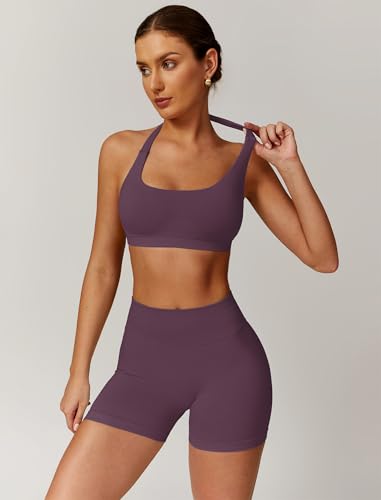 Image of ABOCIW Workout Sets for Women 2 Piece seamless Halter Sports Bra Scrunch Butt Impact Shorts Gym Yoga Outfits