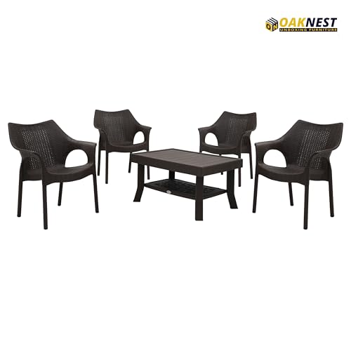 Image of Oaknest Supreme Cambridge with Vegas Plastic Outdoor Chair and Table Set | 4 Rattan Chairs + 1 Table | Weatherproof, Lightweight | Garden & Patio Use Wenge