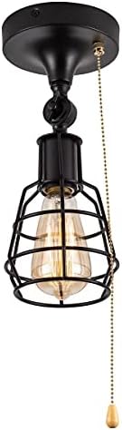 Industrial Farmhouse Close to Ceiling Light with Pull Chain 1 Light Black Semi Flush Mount Ceiling Light Adjustable Metal Cage Directional Wall Sconce Wall Lamp with Pull String for Kitchen Laundry