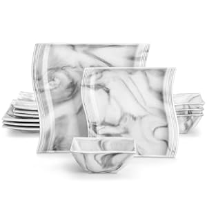 MALACASA Dinnerware Sets, 12-Piece Porcelain Plates and Bowls Sets, Square Dinnerware Set with Dinner Plates, Dessert Plates and Bowls, Marble Dish Set for 4, Modern Plates Set, Series Flora