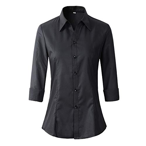 Benibos Damen Langarm Büro Formal Casual Button Down Hemd Blusen, Schwarz , M Cover