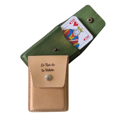 tahora Étui en cuir pour jeu de 32 cartes – Fait main – Cuir de vachette à tannage végétal – Couture point sellier – Fermeture bouton pression – Étui artisanal belote