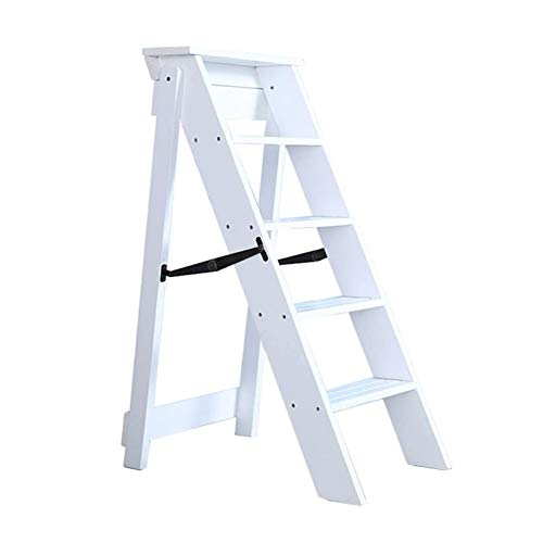 Holz 5 Tread Sicherheitsstufenleiter |Faltschritts Hocker |Multi-Purpose Tragbare Trittleiter Hausgarten-Bibliothek Climb Leiter, Weiss Cover