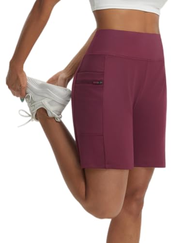 baleaf Women's Bermuda Shorts Athletic Running Shorts Quick Dry High Waisted Workout Gym Shorts with Zipper Pockets Walking Casual Wine Red M