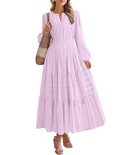 BTFBM Fall Dresses for Women 2025 Casual Long Sleeve V Neck Elastic Waist Lightweight Maxi Wedding Guest Dress Pockets