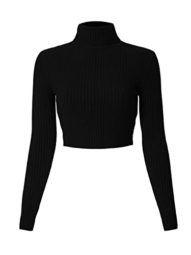 MixMatchy Womens Casual Turtleneck Long Sleeve Ribbed Sweaters Cropped Slim Fitted Knit Top Black M