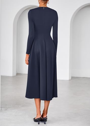 Lazysmile Long Sleeve Fall Dresses for Women Square Neck A Line Flowy Casual Elegant Wedding Guest Party Maxi Dress Navy — view 2