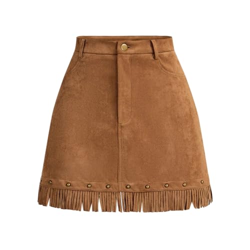 Women's Faux Suede Fringe Skirt High Waisted Tassel Mini Cowgirl Skirts A Line Tassel Western Trendy Casual Skirts