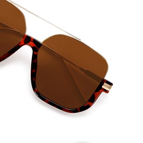 Image of GUVIVI Retro Oversized Aviator Sunglasses for Women Men Square Double Bridge Pilot Sun Glasses 70s Trendy Shades