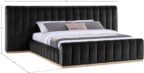 Image of Meridian Furniture AmaraBlack-K133 Collection Modern | Contemporary King Bed, Ultra Luxe Black 460 GSM Velvet, Natural Finish, Solid Wood Base and Inner Frame, 133 inch W x 99 inch D x 51 inch H, Black, King