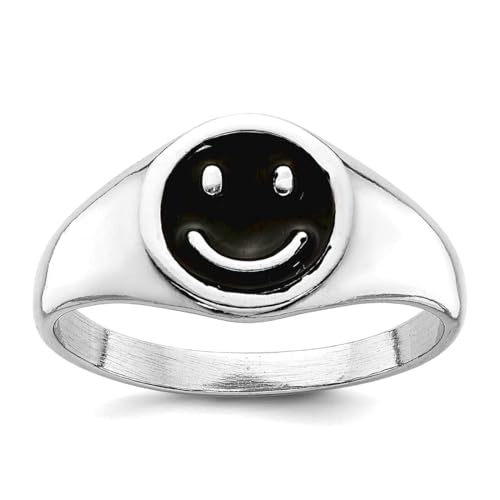 925スターリングシルバー ロジウムメッキ ブラックエナメル スマイリーフェイスリング バンドスタイルリング 女性用, US 7 | EU 55.25 | DE 17.25 | JP 14 | UK O, 金属 エナメル。 金属。 ロジウム。, 宝石なし
