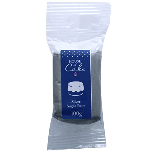 House of Cake Metallic Silver Edible Sugar Paste, Fondant Icing for Modelling, Marbling, Lettering, & Creating Shapes, Add a Shiny Smooth Finish to Cakes & Cupcakes,Silver 100g,small