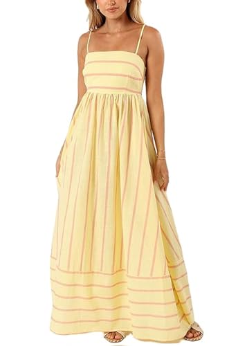 Image of KMBANGI Women Striped Sleeveless Maxi Dress Swing Patchwork Midi Dress Smocked Spaghetti Strap Colorful Long Sundress