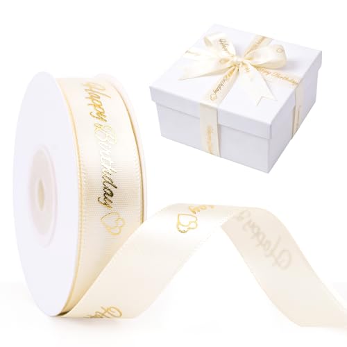 G2PLUS Ruban en Satin Beige: Ruban Cadeau 15 mm avec Impression “Happy Birthday” Dorée – 25 Yards/22 m | Décorations d’Anniversaire, Mariages,...