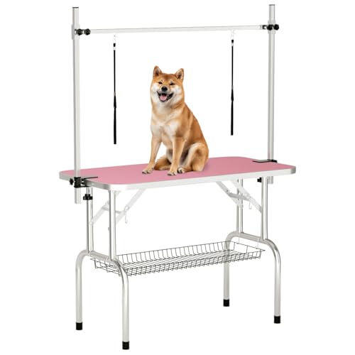 ynhunreth 46'' Dog Grooming Table for Large Dogs, Foldable Professional Grooming Table for Dogs at Home with Double Loops/Mesh Tray/Adjustable Arm, Capacity up to 330lbs, Pink