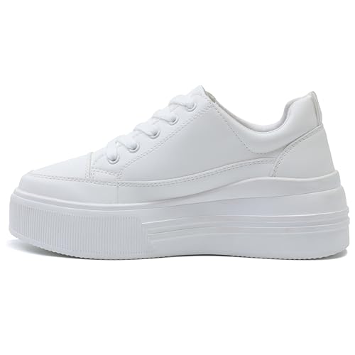 MILOCACA Women's Lace Up High Platform Sneaker, Classic Trendy Fashion PU Shoe (2304-WH-7.5)