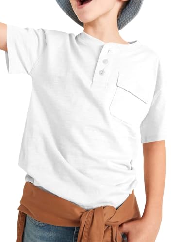 Haloumoning Kurzarm T-Shirt Jungen Sommer Henley Tee Basic Shirts Kinder Tops mit Tasche Weiß 8-10 Jahre