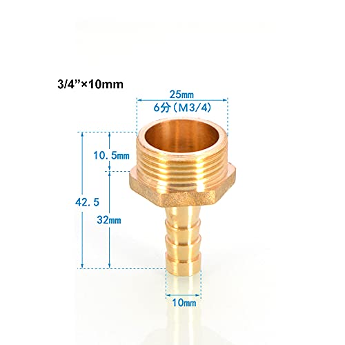 TopHomer BSP Hose Connector Brass Pipe Fitting 10mm Barb x G3/4 Male - Image 2