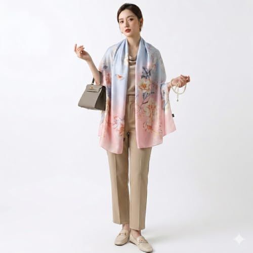 Image of Floral Printed Silk stole | silk Scarf for Women | stylish silk stole for women | Soft Lightweight Stole, Shawl & Neck Wrap | Scarf for Wedding, Party, Travel & Casual Wear