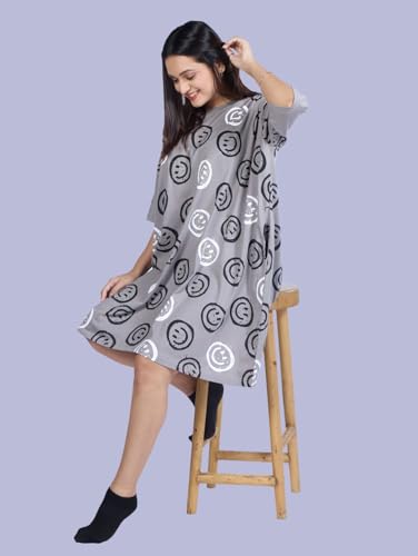 Image of LAMA STORE Women's Printed Oversized T-Shirt Dress, Cotton, 3 /4 Sleeve Length, Casual Loose Fit, Comfort Wear Extra Comfy Oversized Printed Pocket T-Shirt Dress