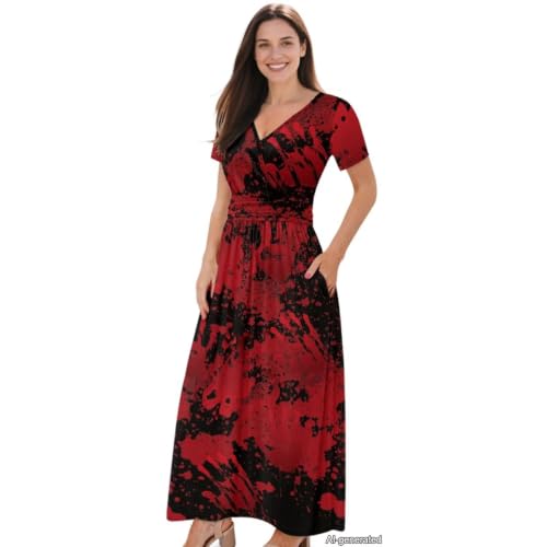 Image of Women's Fall Summer Short Sleeve Ankle Length V-Neck Party Dress with Pockets Size S-3XL