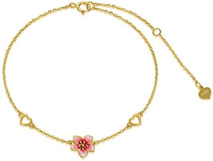 Rikelus 14K Solid Gold Cherry Blossoms Bracelet for Women,Yellow Gold Exquisite Heart Flower Anklet Bracelets,Anniversary Birthday Jewelry Gifts for Wife Girlfriend 6.5''+1''+1''