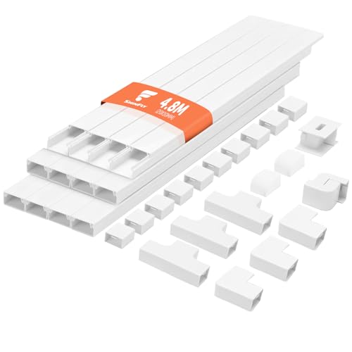 shinfly 4,8 m Canaleta Cables Pared Adhesivo, Calha para Cabos, Canaleta Cables, Cubre Cables Pared para Todos los Cables de Alimentación en el Hogar o en la Oficina - Blanco 20 mm x 10 mm