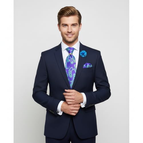 Image of 5PCS Tie and Pocket Square for Men, Silk Necktie and Handkerchief Cufflinks with Gold Ring and Lapel Pin Set