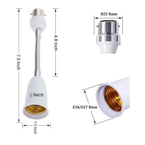 Image of IFITech B22 to E26 /E27 Flexible Gooseneck Extension Bulb Holder with Converter- Compatible with All E26 /E27 Screw Base Bulbs (Size-7.5Inch, Pack of 1) (1 Unit)