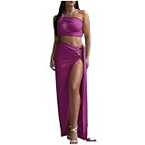 Women's 2 Piece Dress Sexy Y2k Strapless Crop Top High Slit Skirt Bodycon Maxi Long Skirt Suit Night Out Dress Sets Purple L