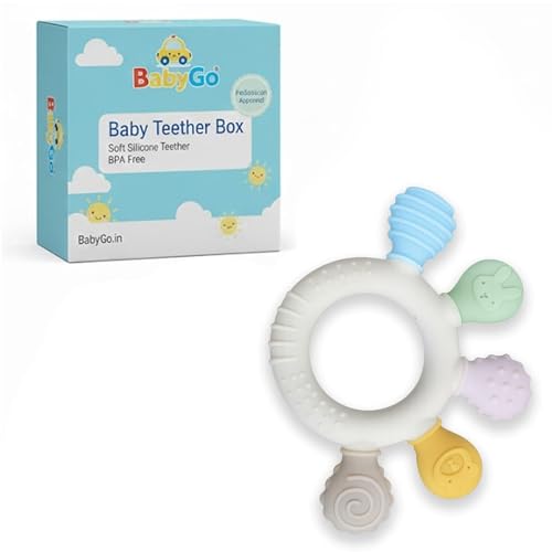 Image of BabyGo 2 in 1 Baby Teether and Teething Ring for Infants | Soft Silicone and Natural Neem Wood Teether | Teething Toy for Chewing, Mouthing, and Sensory Development for Babies 3-12 Months | Pack of 1