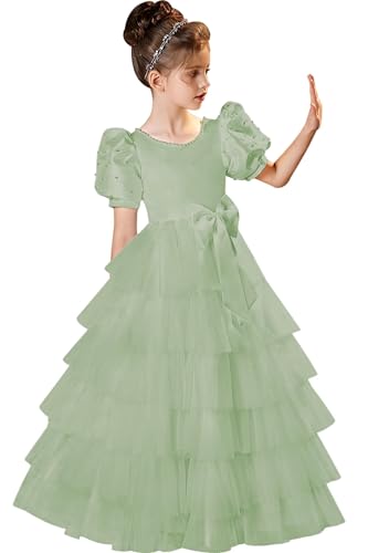 Flower Girl Dress Satin Pearls Princess Pageant for Wedding Tulle Layered First Communion Dress with Bow