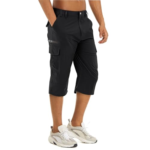 EMATOP 3/4 Cargohose Herren Leichte Vintage Wanderhose Schnelltrocknend Cargo Bermuda Shorts mit 6 Taschen Kurz Hose Outdoor Trekking Shorts Sommer Arbeit Sporthose Bequem Einfarbig Freizeithose