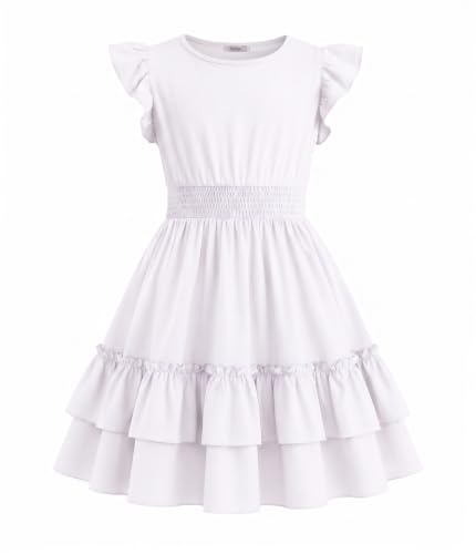 Image of Arshiner Girls Dresses Flutter Sleeve A-Line Sundress Casual Summer Tiered Swing Midi Pocket Dress