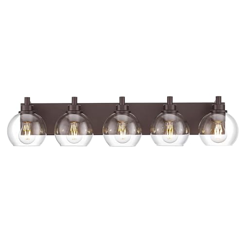 Image of 5-Light Bathroom Vanity Light, Oil Rubbed Bronze, Clear Globe Glass | 32 inch ORB vanity light for 42-54 inches mirrors, clear globe glass shades, E26 base, hardwired, up /down mount, VL195-ORB-5
