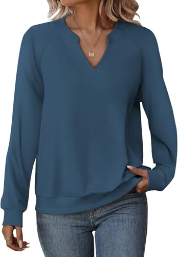 Cuptacc Sudaderas Mujer Sin Capucha Jersey Mujer Invierno Elegante Sueter Cuello En V Manga Larga Casual Azul Grisáceo XXL 50-52