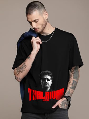 Image of LEOTUDE Oversized Half Sleeve Cottonblend Graphic Print Round Neck Drop Shoulder Baggie Tshirt for Man (Color Black)
