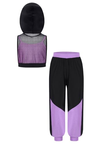 Kids Girls Sports Outfit Color Block Hoodie Mesh Vest With Builtin Top And Elastic Pants Set
