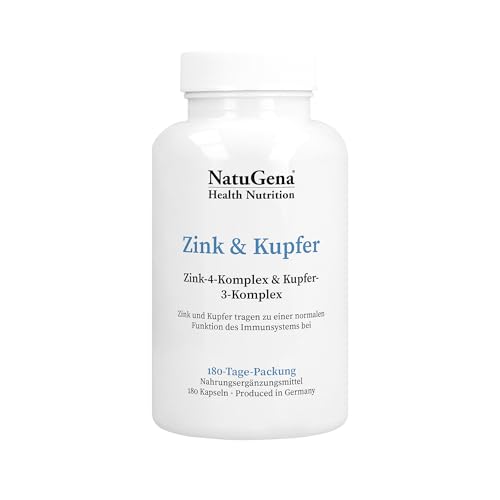 NatuGena Zink & Kupfer, Zink-4-Komplex, Kupfer-3-Komplex, Zink-Komplex, Kupferkomplex, Vitamin C, magenschonend, 180 Kapseln (Dosis für 180 Tage)