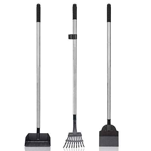 TNELTUEBDog Pooper Scooper Set, 3 Pack Adjustable 49.1 Inches Long Handle Metal Tray, Rake and Spade Poop Scoop for Waste Removal, No Bending Clean Up for Large and Small Dog