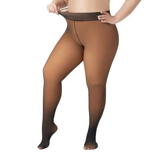 Image of WiliW Plus Size Fleece Lined Tights for Women, Sheer Winter Warm High Waist Thermal Tights Fake Translucent