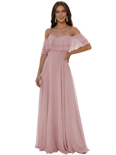Meowmming Women's Chiffon Bridesmaid Dress with Sleeves 2026 Off Shoulder Long Evening Dress Mauve Pleated Bridesmaid Dresses 04