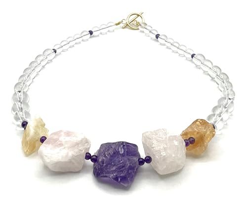 Collier Améthyste anti-ternissement en pierres de gemmes citrine et quartz rose