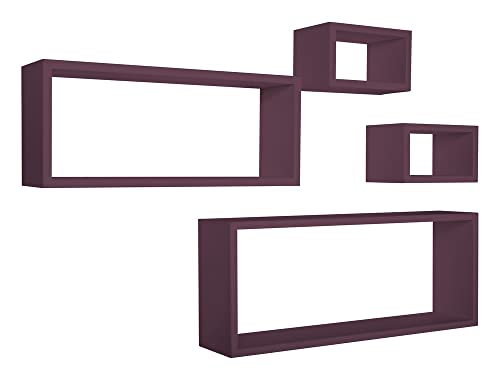 MODULARREDO Merlin Lot de 4 Étagères Murales, 75 x 30 p15,5 cm, 60 x 25 p15,5 cm et 2 de 25 x 15 cm, Violet Aubergine - Made in Italy