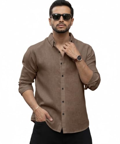 Image of Men's Solid Linen Cotton Shirt | Casual Style | Plain Design | Full Sleeve | Summer Regular Fit | Stylish Shirt for Men | Formal Wear