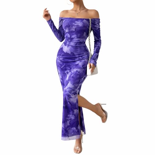 Image of LIGHT DOT Women's Printed Off Shoulder Maxi Dress Long Sleeve Bodycon Ruched Mesh Cocktail Dress