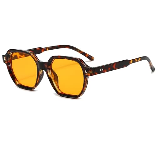 Long Keeper Quadratische Sonnenbrille für Damen Herren Vintage Retro Polygon Sonnenbrille Trendige 90er Piloten Brille UV400 Schutz für Reisen Fahren (Leopard Gelb)